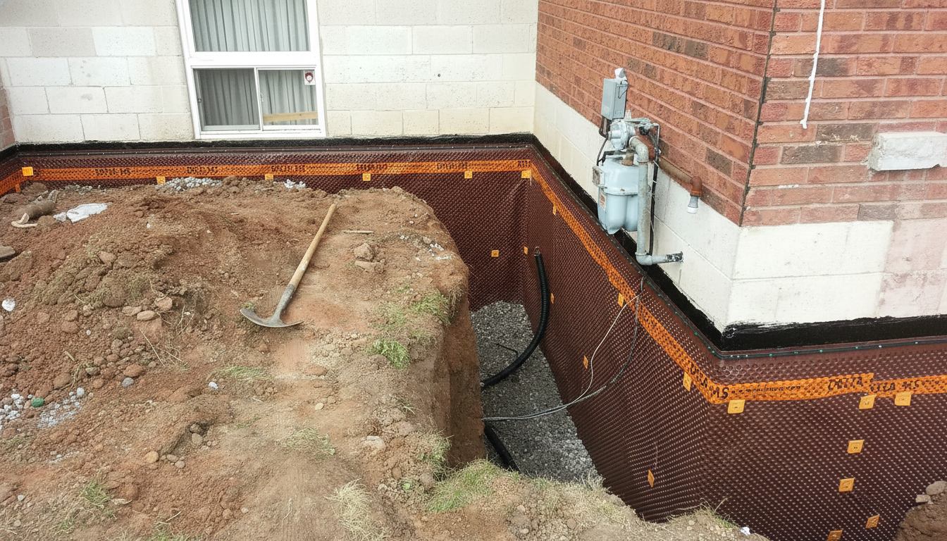 White efflorescence buildup on a basement block wall caused by water seepage