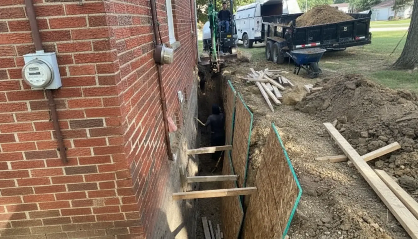 Crew excavating alongside a house during a foundation repair project