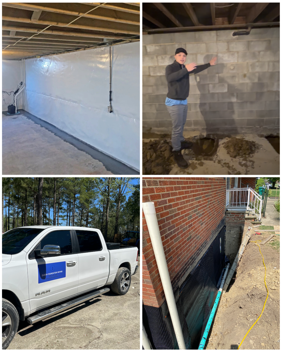Queen Foundation Repair — crawl space encapsulation, technician inspection, service truck, and exterior waterproofing