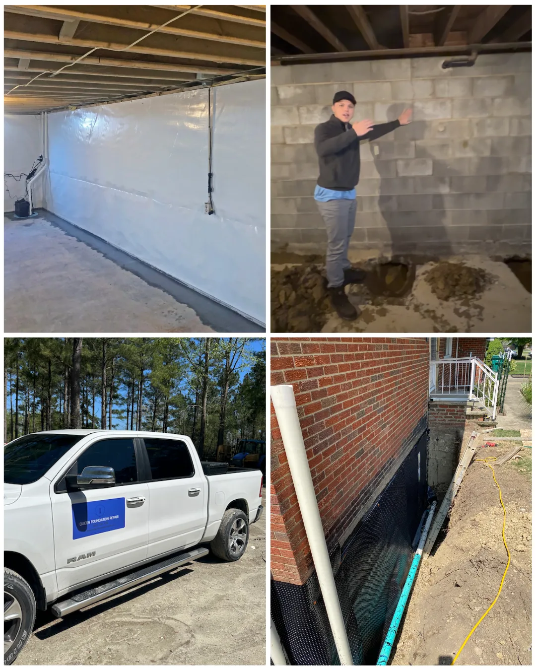 Queen Foundation Repair — crawl space encapsulation, technician inspection, service truck, and exterior waterproofing