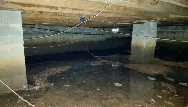White and black mold growth on wooden floor joists inside a crawl space