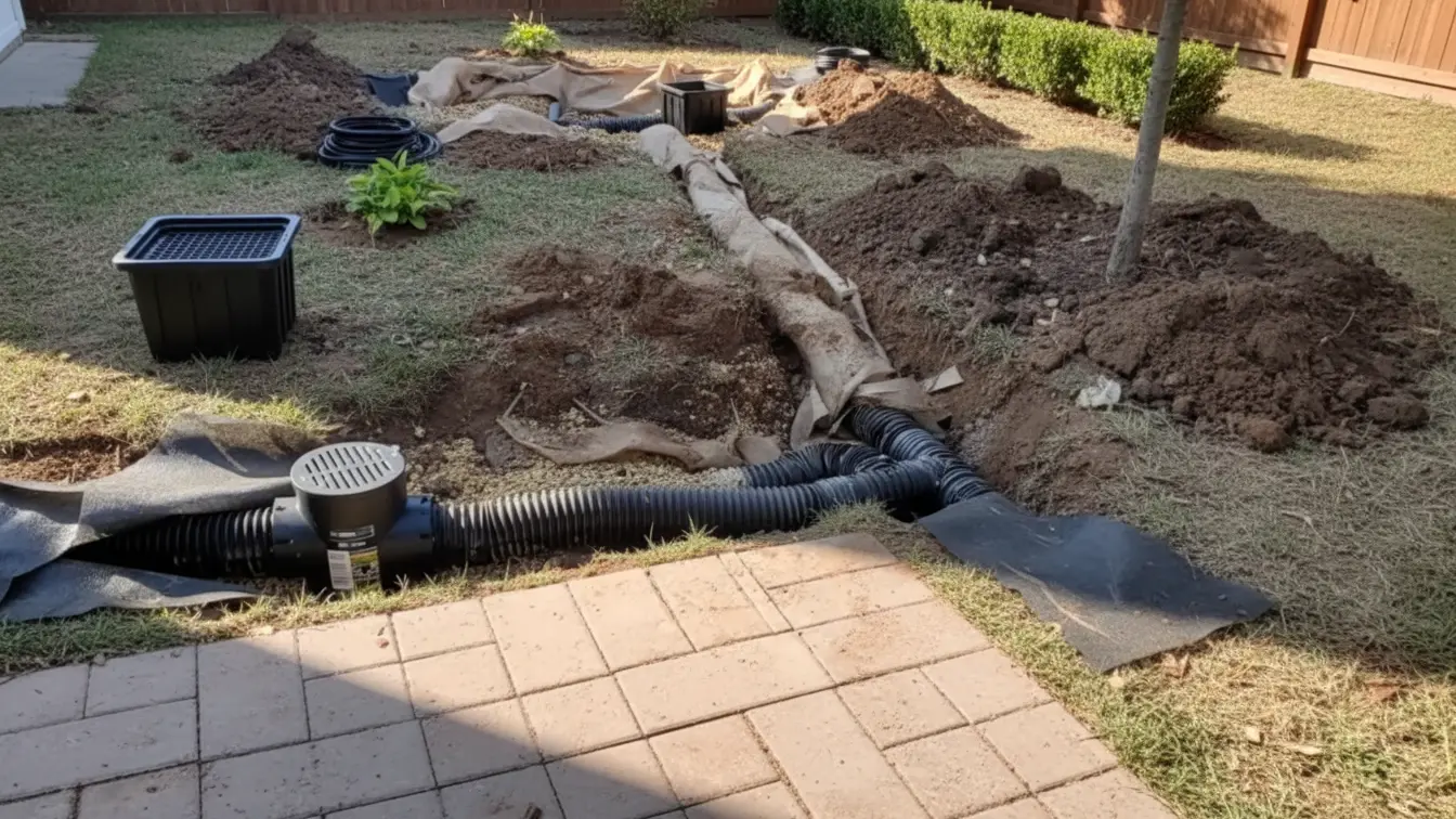 French drain system installed along foundation