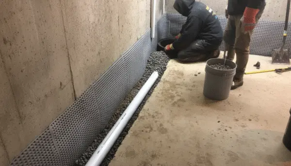 Technician installing an interior french drain system with gravel and drainage panel along a basement wall
