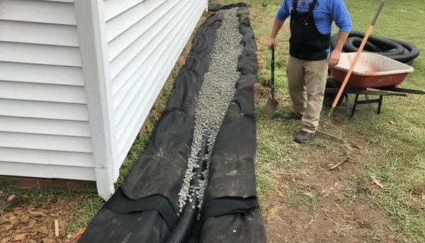 Interior french drain with perforated pipe and washed gravel installed along a basement wall perimeter