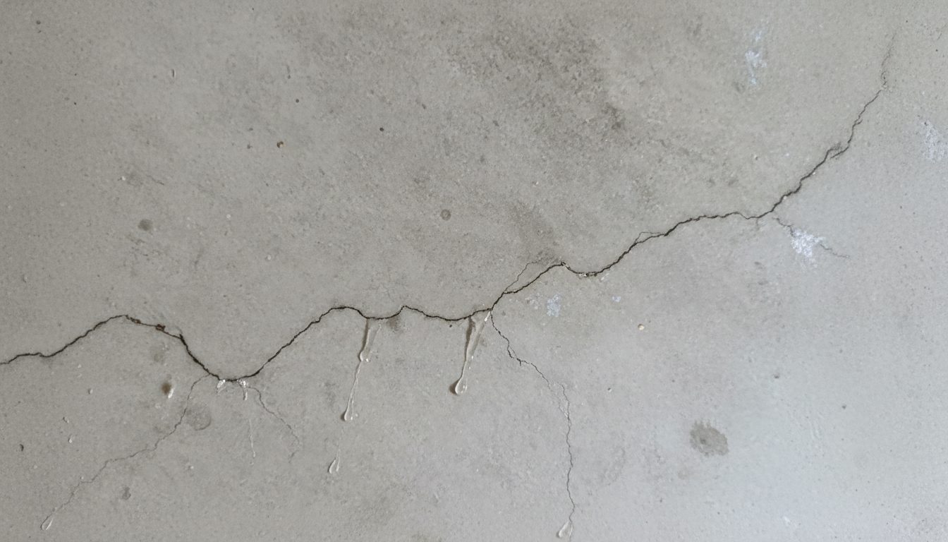 Hairline crack running across a concrete basement wall