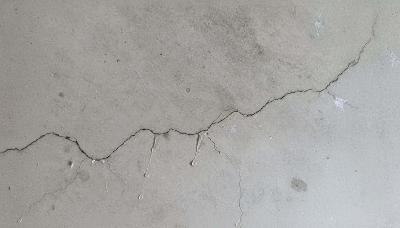 Hairline crack running across a concrete basement wall