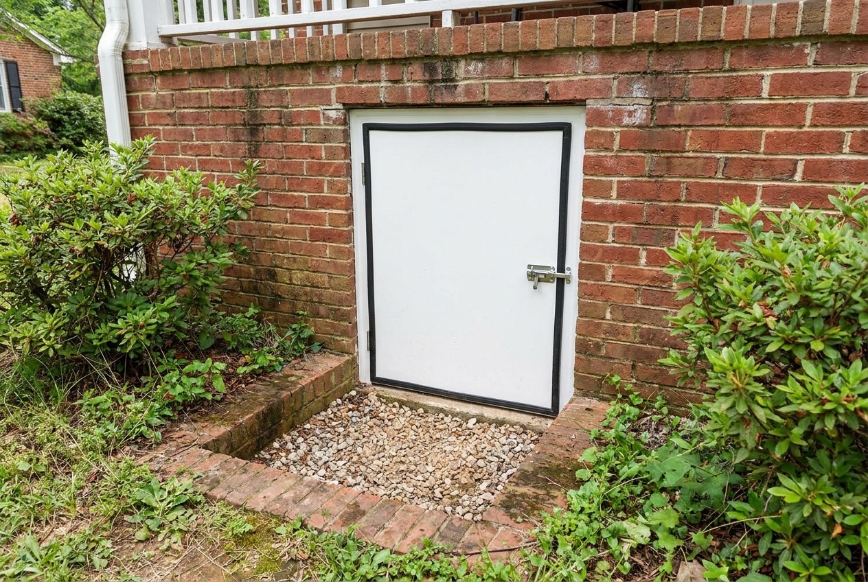 Airtight insulated crawl space access door set into a home foundation