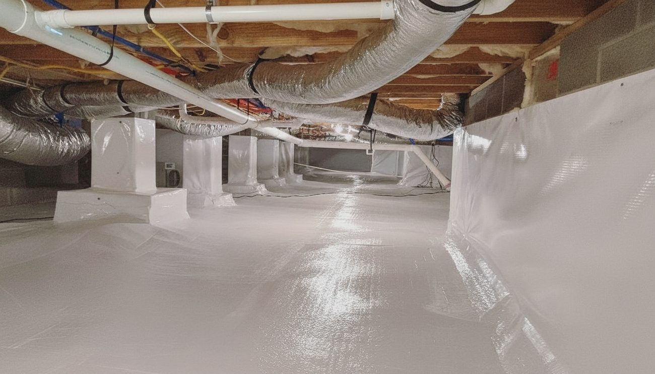 Crawl space with vapor barrier encapsulation installed