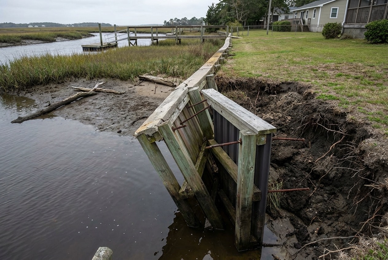 Residential bulkhead seawall along a coastal North Carolina waterway