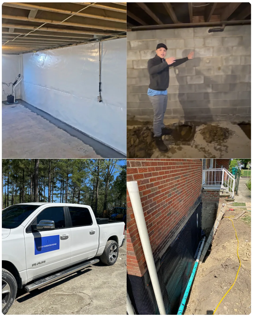 Queen Foundation Repair crawl space encapsulation, technician inspection, service truck, and exterior foundation waterproofing