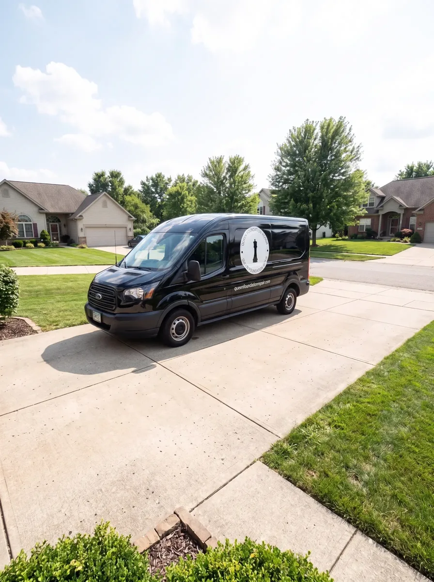The branded Queen Foundation Repair work van parked at a Greenville home