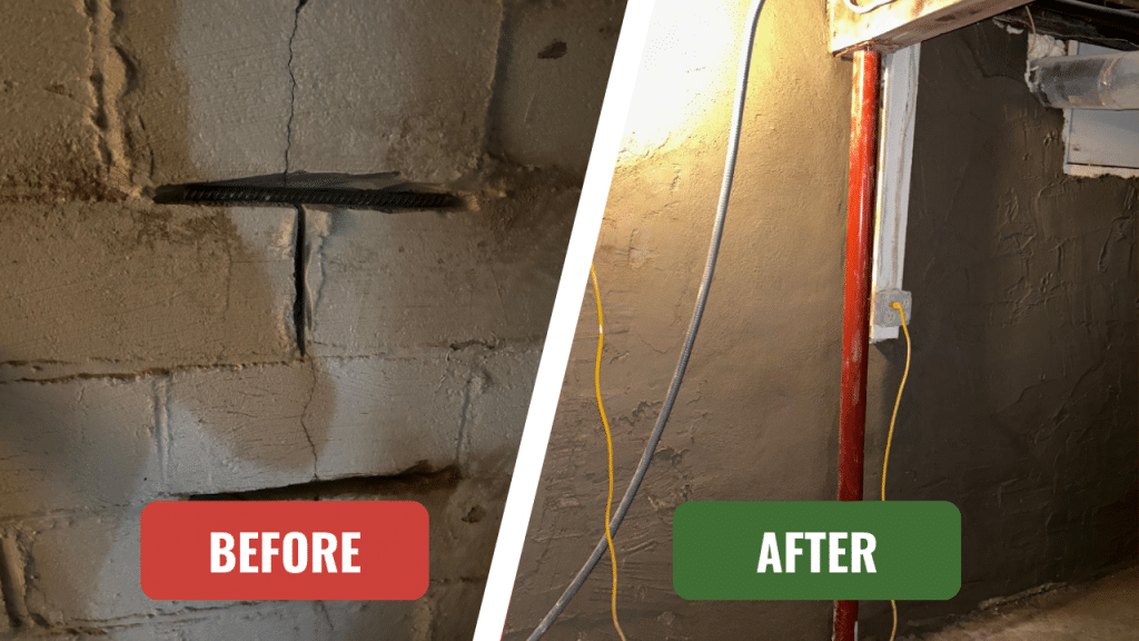 Cracked basement wall sealed and reinforced professionally