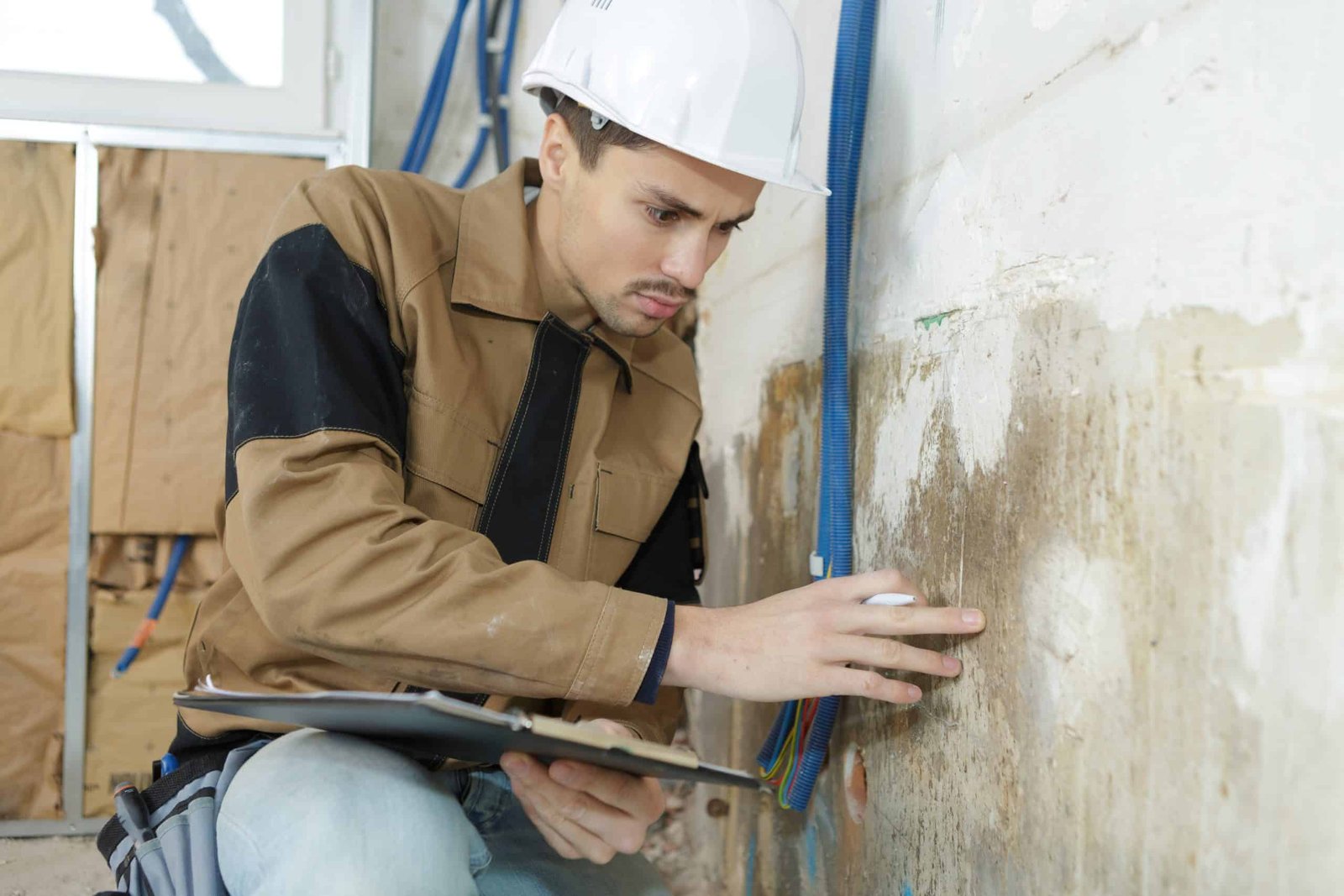 Technician inspecting a bowing basement wall for structural damage