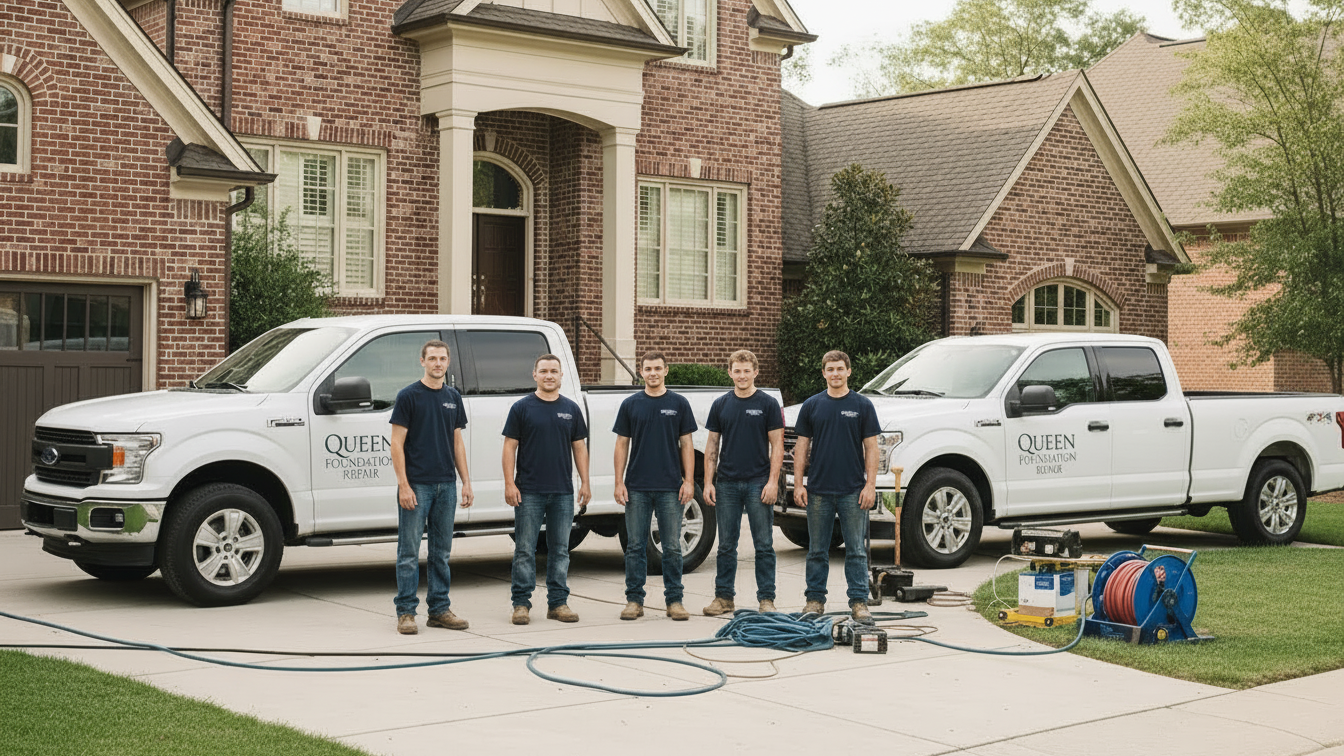 Queen Foundation Repair crew standing in front of branded service trucks at a residential home