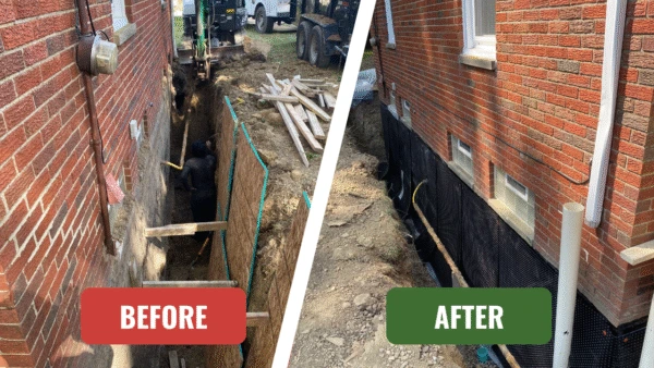 Exterior foundation waterproofing before and after showing trenching and membrane installation to stop water intrusion