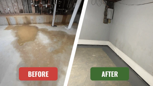 Wet basement floor repaired with waterproof interior floor coating
