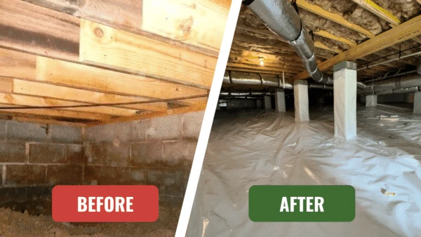 Crawl space encapsulation before and after moisture barrier installation