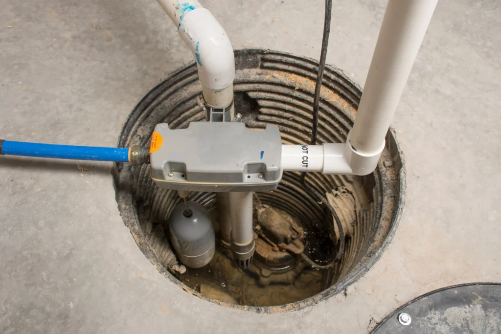 Basement sump pump system installed to remove groundwater and prevent flooding