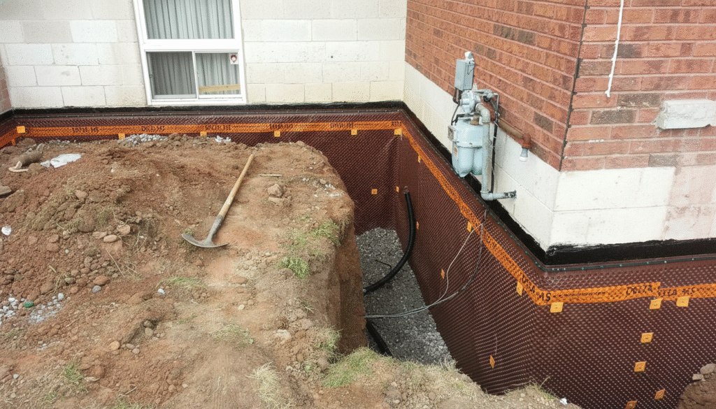 Exterior foundation waterproofing membrane applied to basement wall.