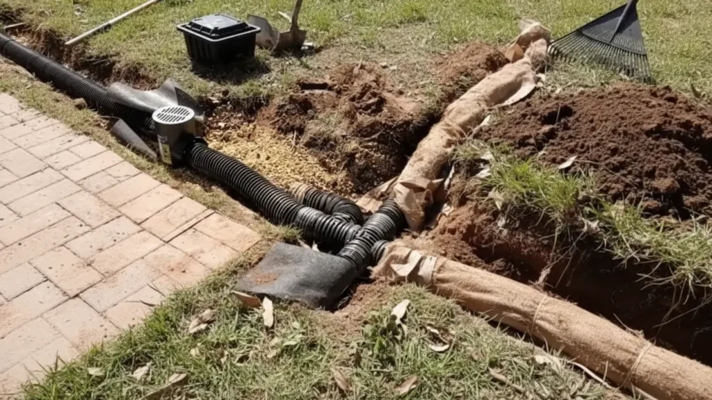 French drain wrapped in filter fabric before soil is backfilled