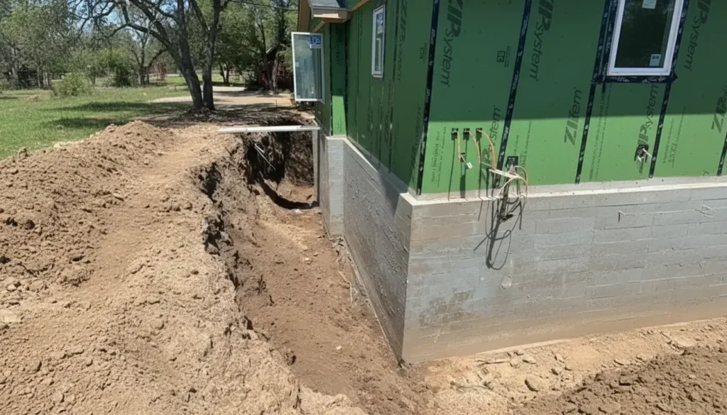 Exterior basement waterproofing with foundation wall exposed
