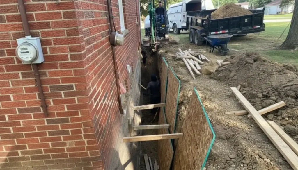 Exterior basement waterproofing excavation beside brick home foundation.