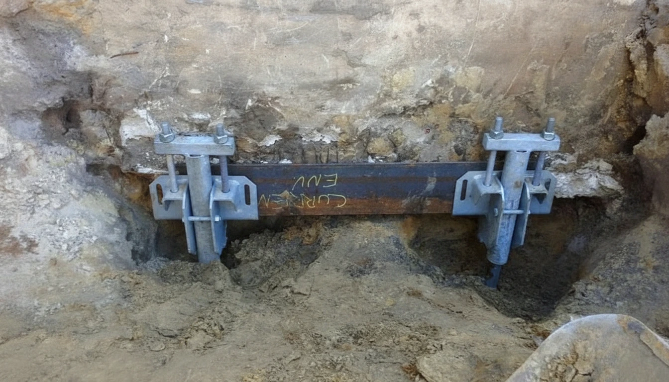 Helical pier being installed to support foundation footing.