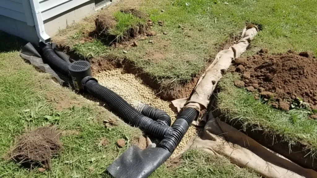 Perforated drain pipe being installed inside a French drain system