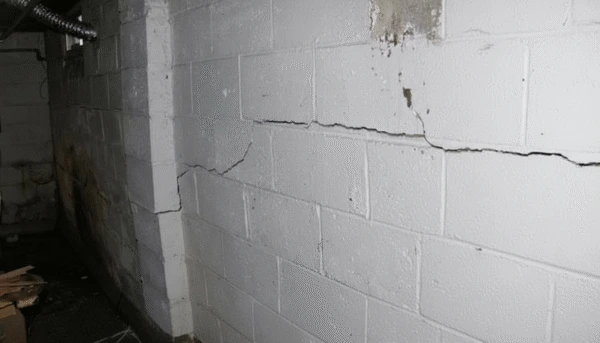 Crack forming along interior foundation wall surface.