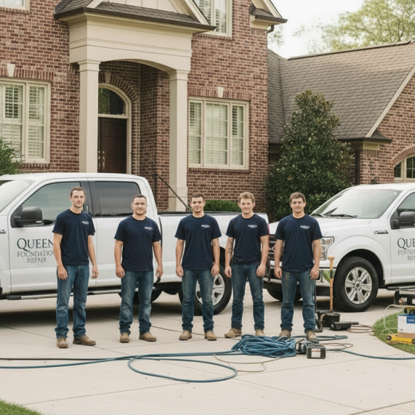 Queen Foundation Repair crew standing in front of branded service trucks at a residential home