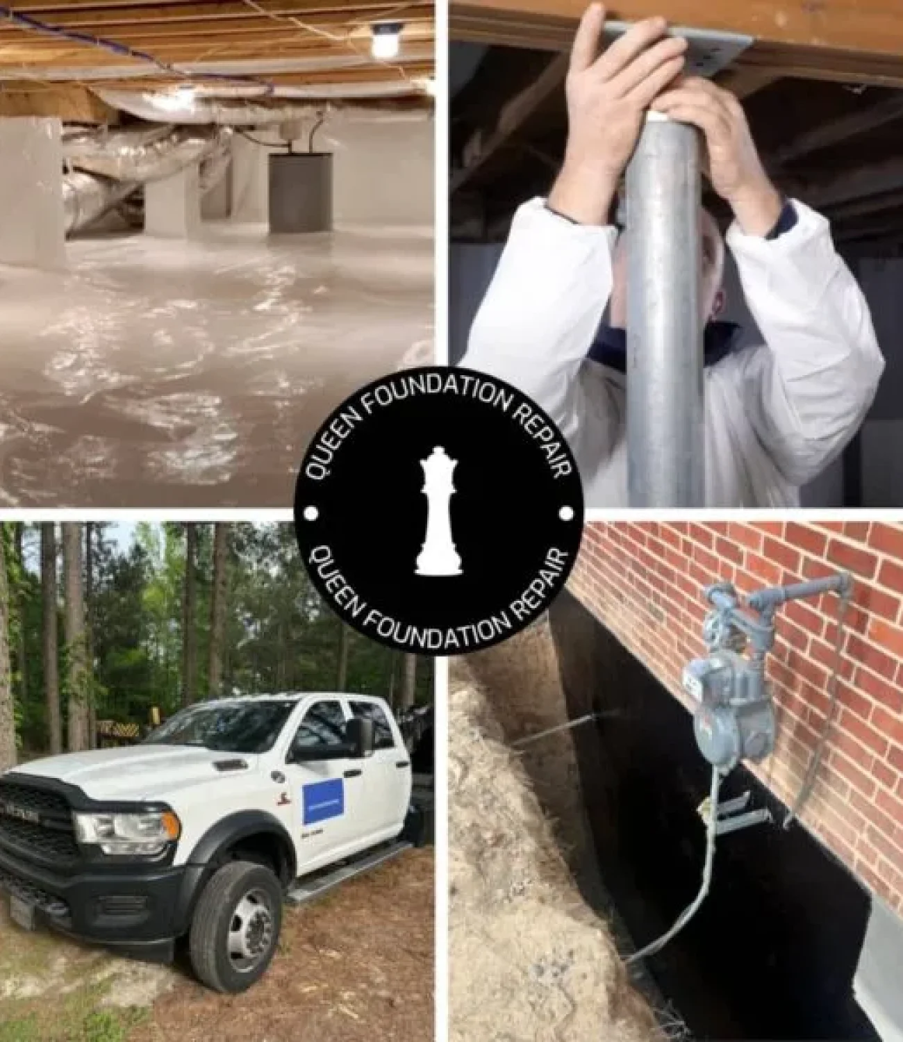 Collage showing crawl space encapsulation, foundation pier installation, company service vehicle, and exterior foundation waterproofing